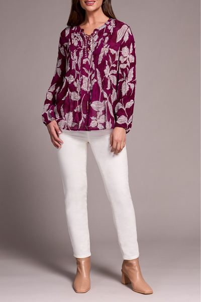 Printed Jacquard Pintuck-Front Blouse