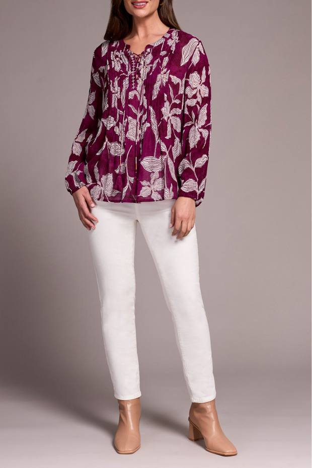 Printed Jacquard Pintuck-Front Blouse