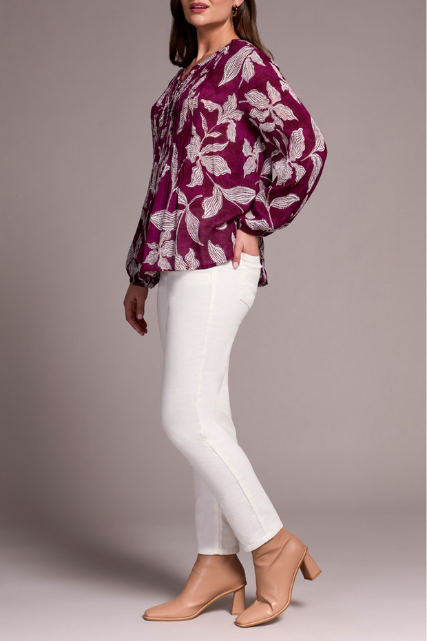 Printed Jacquard Pintuck-Front Blouse