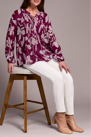 Printed Jacquard Pintuck-Front Blouse