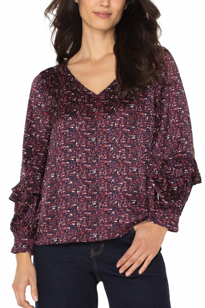 Long Sleeve Woven Blouse W/ Ruffles