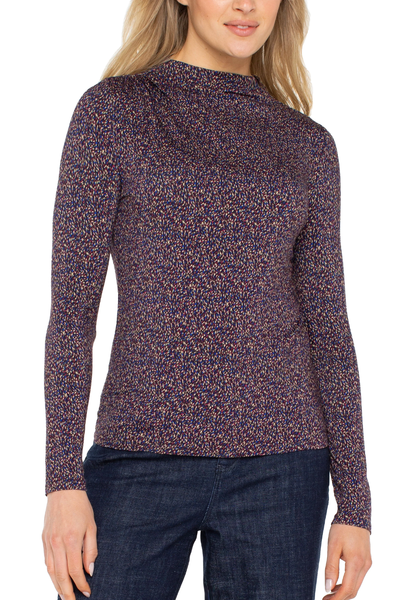 Long Sleeve Mock Neck Knit Top W/ Shirring