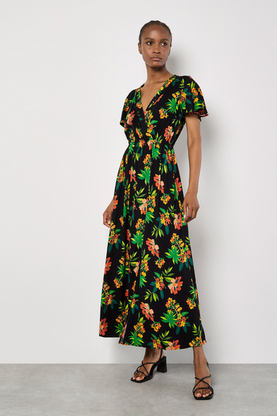 Tropical Print Wrap Maxi Dress